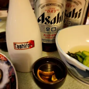 Hot sake and Asahi