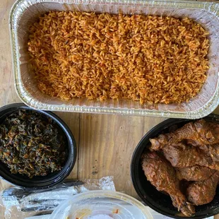 Family Meal Plan Jollof Rice with Chicken, plus an order of spinach.