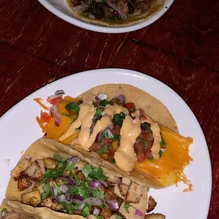 Chicken, potato and steak tacos