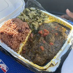 Cassava leaf, mixed greens, rice and peas