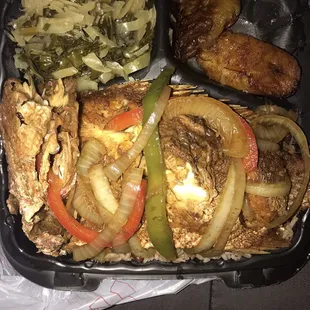 Red snapper (Jerk style), cabbage and fried plantains 11-9-17