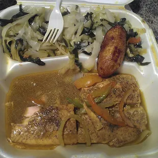 Jerk Salmon, mixed greens, and plantains