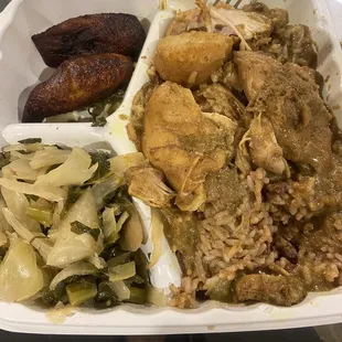 Curry chicken w/ rice and Cabbage/ Greens!  Fried Plantains...