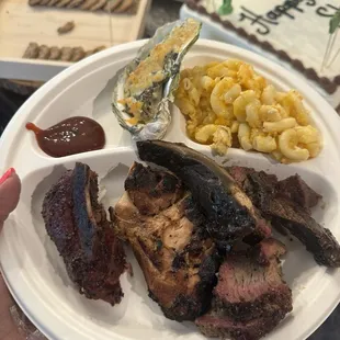 Chicken, ribs, tri-tip, oysters, Rockefeller, and mac &amp; cheese