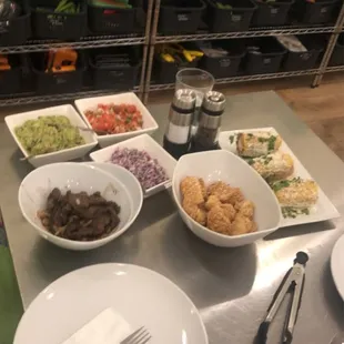 Guac, pico, steak, slaw, elote, fish, tortillas