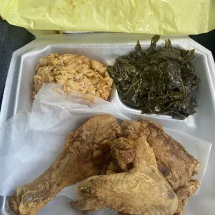 Fried Chicken Plate w/ Mac &amp; cheese and Collard greens &amp; cornbread