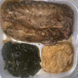 Turkey wings, dressing, collard greens &amp; macaroni and cheese