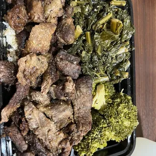 Steak, canned collard greens, unseasoned broccoli and unstable rice.