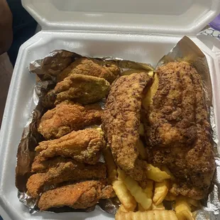 Wings, fried fish and fries