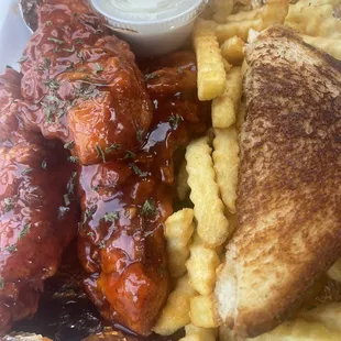 Hot Honey chicken tenders with toast fries and homemade ranch