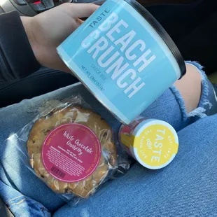 Beach crunch trail mix, white chocolate cranberry cookie, sour bears