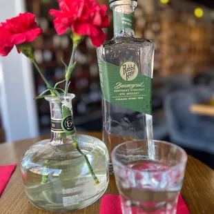 a glass of water and a bottle of gin