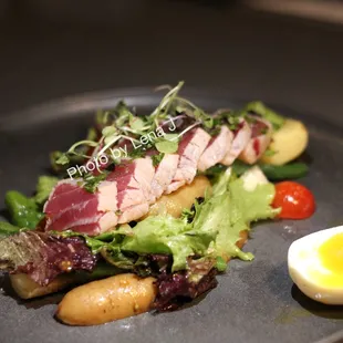 Seared Tuna Nicoise ($29) - fingerling, haricots verts, olive, egg, caper, lemon vinaigrette