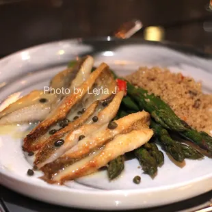 Lake Perch ($32) - asparagus, quinoa, bell peppers, lemon caper beurre blanc