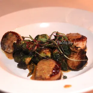 Diver Scallops ($44) butternut squash purée / brussels sprouts / bacon marmalade