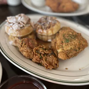 Chicken and (2) Cinnamon Toast Crunch and (2) pecan &amp; praline waffles. No syrup needed delicious as is.