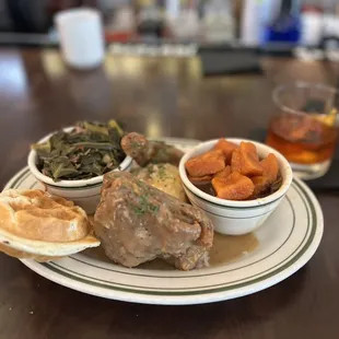 Fried chicken, greens, yams, rice w/gravy, waffle biscuit