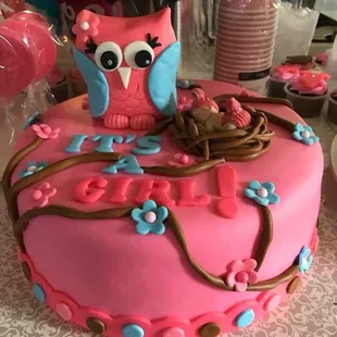 a pink and blue owl cake