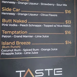 Cocktail menu