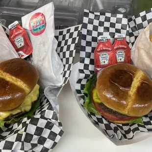 Our 5-0 burger and Clasico burger with fries and hand pies