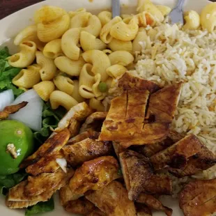 Macaroni, small salad, chicken and rice