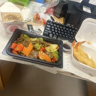 Tempura shrimp brown rice and yellow curry(could have used more curry sauce) beef(super tender)! All under 20!!!