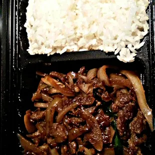 Lunch order 2-Go Mongolian Beef with White Rice. So deeeelish!