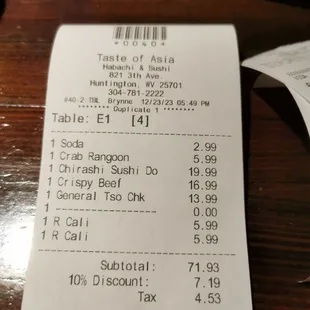 2nd with 10% off after we spoke to the manager about the horrible sushi quality, and he refused to give a refund.