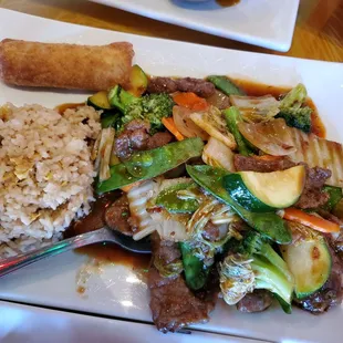 Hunan beef with fried rice and egg roll
