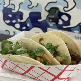 Taco trio $14 - pork, chicken, shrimp