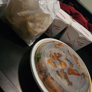 Bourbon chicken, shrimp lo mein, and crab rangoons (an absolute must have)