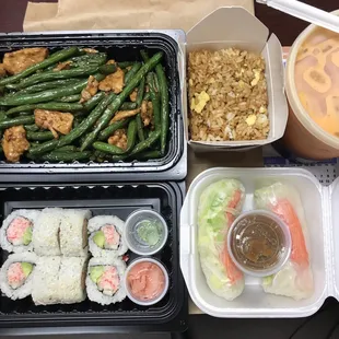 Green beans w/chicken sub fried rice, Thai iced tea, spring rolls(crab/shrimp), &amp; Cali roll