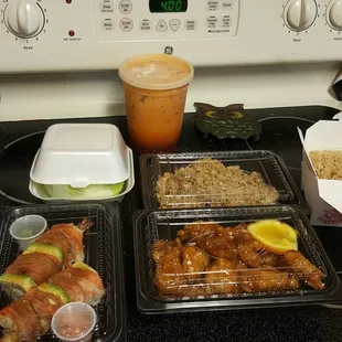New York roll, lettuce wraps, orange chicken and Thai tea
