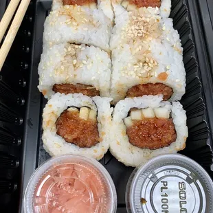 Spicy tuna roll - Note: I drizzled soy sauce on it. Too much rice but the tuna was good.