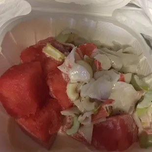 Lol little weird combo but good , the imitation crab and Mac salad and watermelon which was very ripe and good