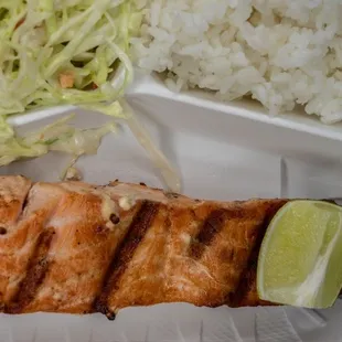 Fresh salmon with white rice &amp; coleslaw