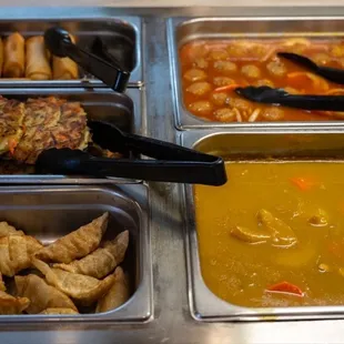 hot line with Pot Stickers Veggie Patties  Veggie Spring Rolls Chicken Curry