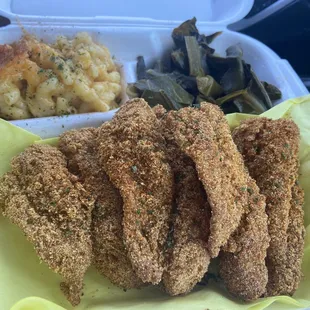 Fish Dinner with mac &amp; cheese and collard greens