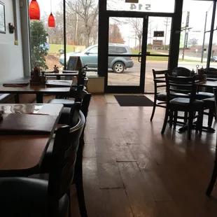 Another view of the dining room and the entrance/exit to and from the parking lot.