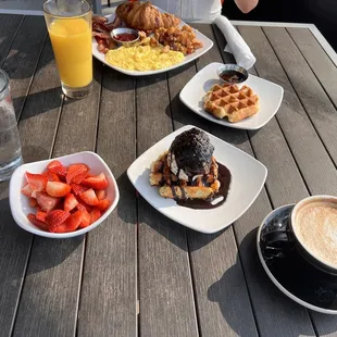 Smore Waffle + Strawberries  Breakfast Plate  Caramel Latte Belgian  Chocolate &amp; Cream Waffle