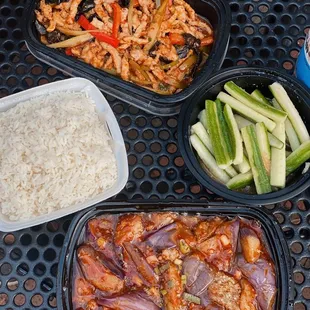 Eggplant, pork in garlic, cucumber