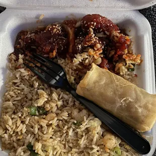 Sesame Chicken w/Shrimp fried rice Spring Roll