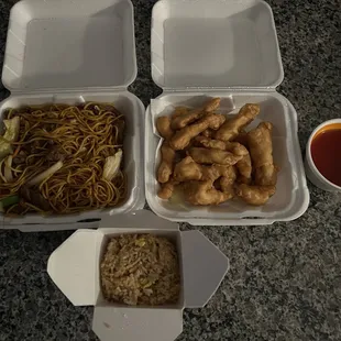 Beef lo mein and sweet &amp; sour chicken