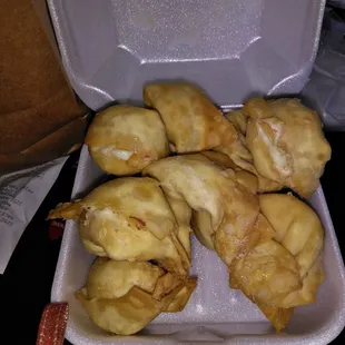 dumplings in a styrofoam container