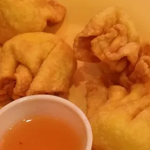 Crab ragoons, hot and good.