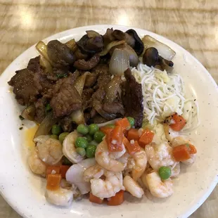 Mongolian beef, tomato n peas shrimp, noodles, mushrooms - Good