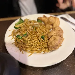 Senior plate 3 items Yakisoba, egg roll and fried shrimp.  $9.99 for 2 items additional $2.00 per extra item.