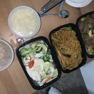 House yakisoba, beef schezuan, mixed veggies, hot and sour soup, and egg flower soup