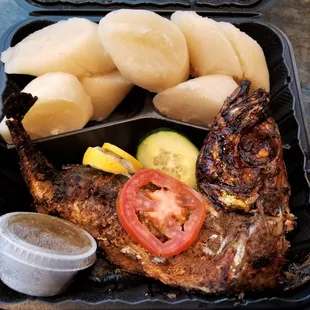 Grilled Mackerel Fish (thomson) and cassava flour cakes (kwanga)