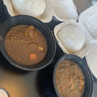 Right: egusi soup with fufu Left: Beef Stew with fufu